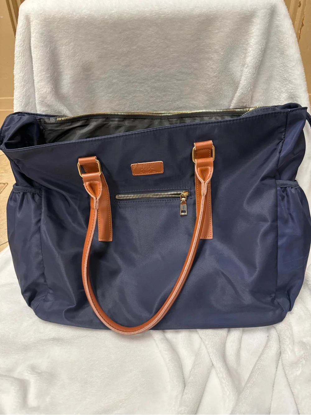 Navy Nylon Tote with Tan Handles